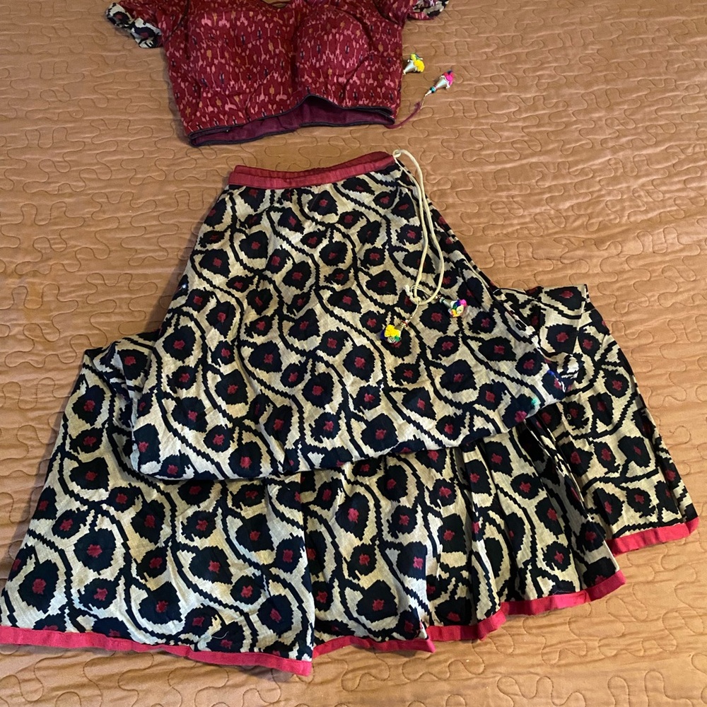 Red and Black Patterned Skirt and Top Set